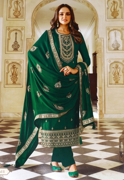 Silk pant style suit in Green colour 13611