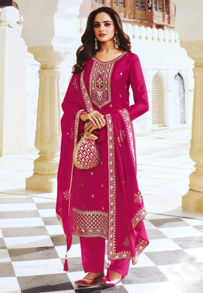 Silk pakistani suit in Magenta colour 13616