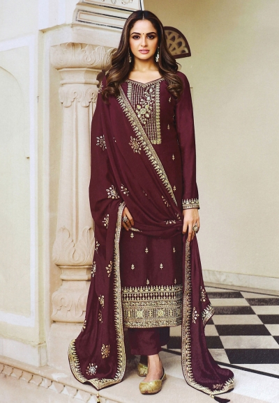 Silk pakistani suit in Wine colour 13614