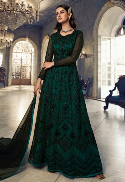 Net long Anarkali suit in Green colour 5401