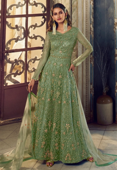 Net abaya style Anarkali suit in Light green colour 5404