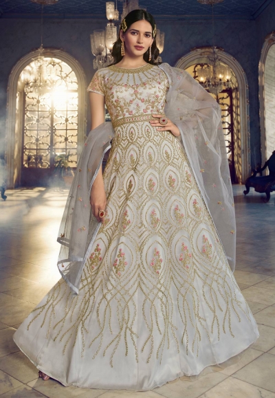 Net long Anarkali suit in Off white colour 5405