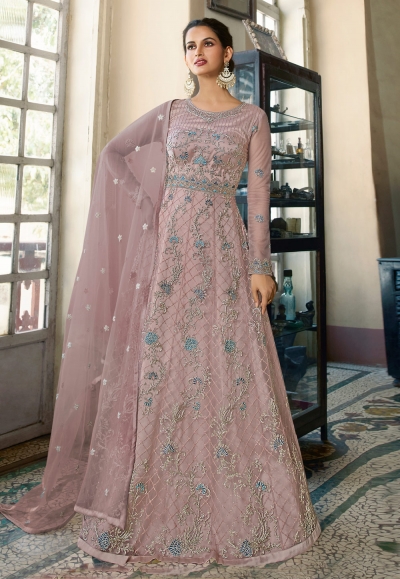 Net abaya style Anarkali suit in Pink colour 5406