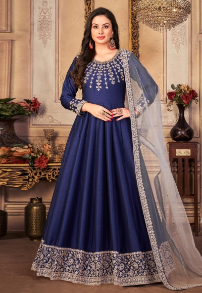 Art silk long Anarkali suit in Navy blue colour 4403