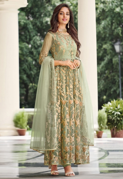 Net embroidered pant style suit in Pista green colour 2064