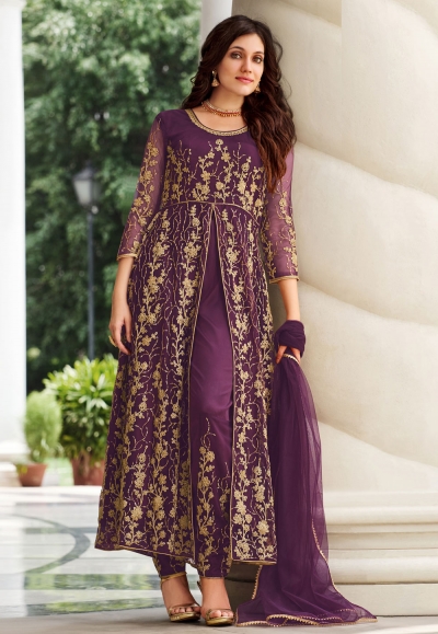 Net embroidered pant style suit in Purple colour 2066