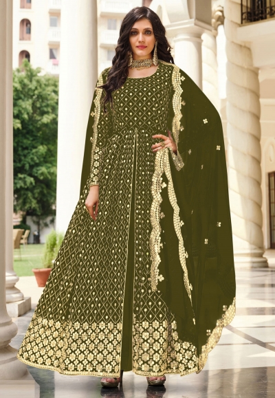 Georgette abaya style Anarkali suit in Mehndi colour 2071B