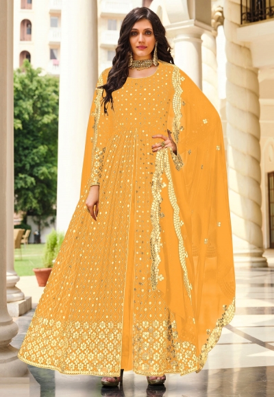 Georgette center slit Anarkali suit in Orange colour 2071E