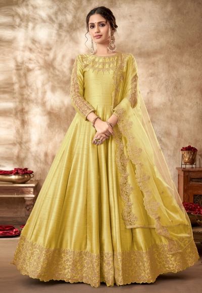 Art silk long Anarkali suit in Yellow colour 4502