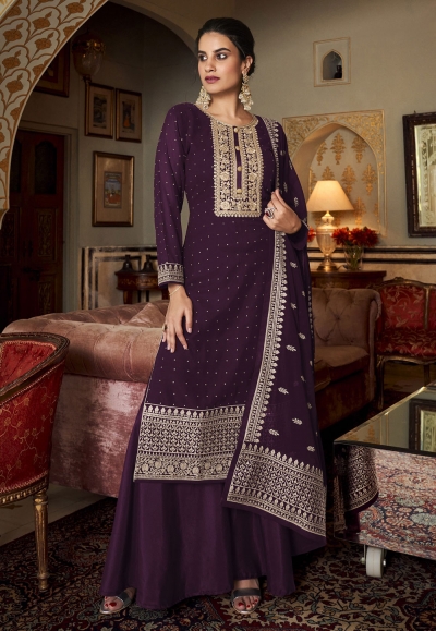 Georgette embroidered palazzo suit in Purple colour 134