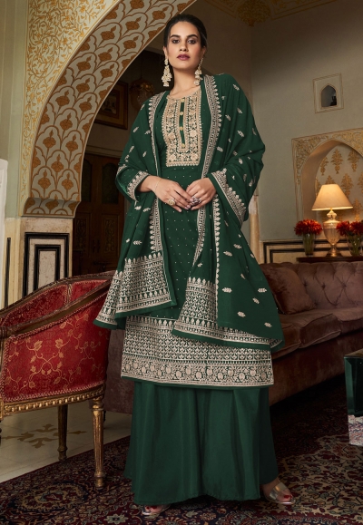 Georgette embroidered palazzo suit in Green colour 136