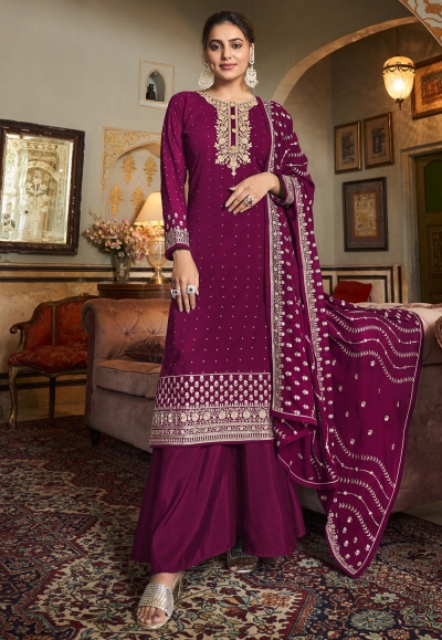 Georgette embroidered pakistani suit in Magenta colour 137