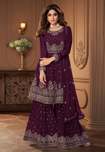 Shamita shetty Georgette sharara suit in purple colour 8696B