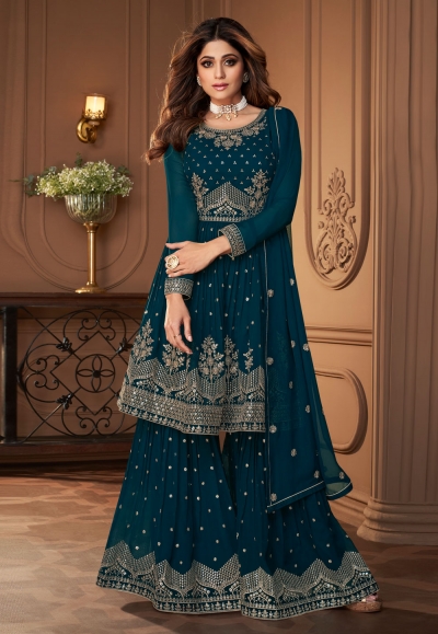 Shamita shetty Georgette sharara suit in teal colour 8696A