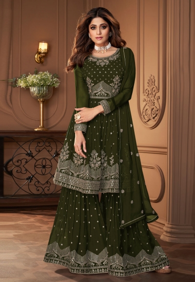 Buy Green Color Soft Net Fabric Sharara Suit For Mehndi Online