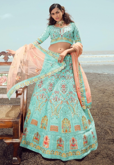 Georgette a line lehenga choli in Turquoise colour 23024