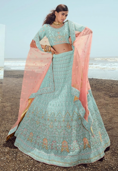 Georgette a line lehenga choli in Turquoise colour 23028