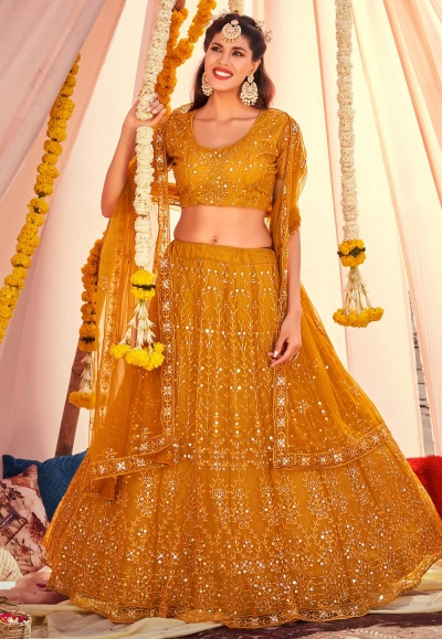 Soft net sequence work lehenga choli in Mustard colour 1171