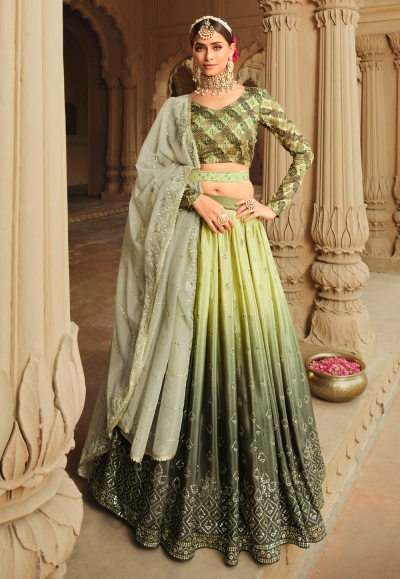 Green silk circular lehenga choli in Camo colour 2163