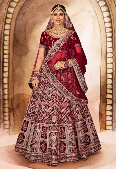 Velvet embroidered bridal lehenga choli in Maroon colour 16001