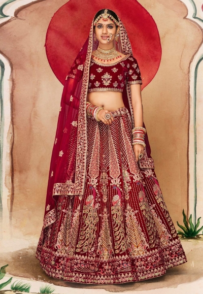 Velvet embroidered bridal lehenga choli in Maroon colour 16002