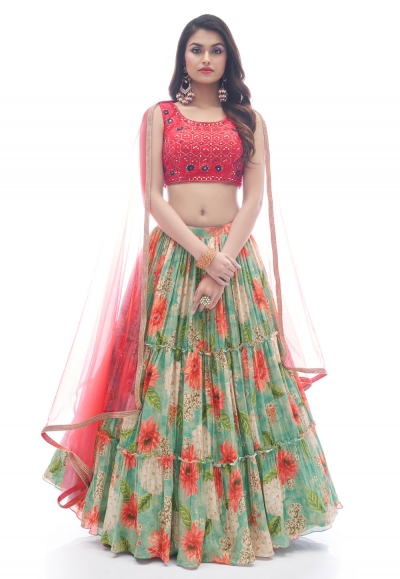 Chinon floral lehenga choli in Sea green colour 1007