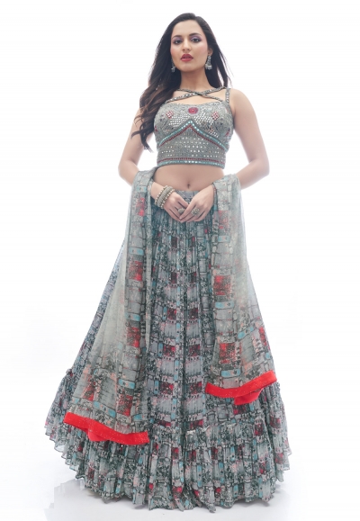 Chinon a-line lehenga choli in Grey colour 1013