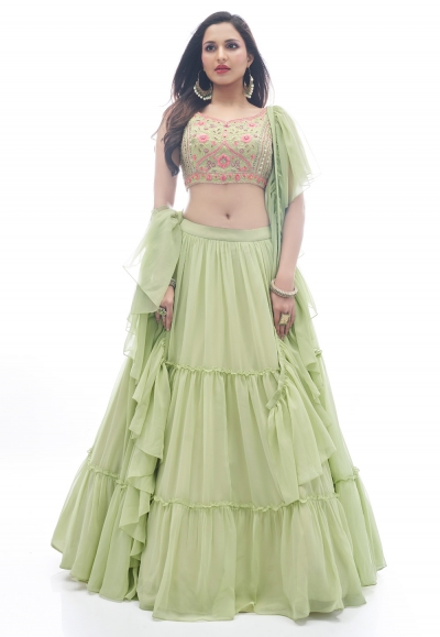 Georgette a line lehenga choli in Pista green colour 1015