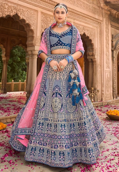 Velvet embroidered circular lehenga choli in Blue colour 1001