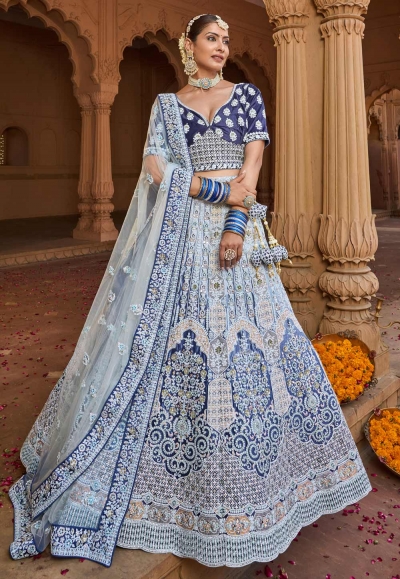 Velvet embroidered circular lehenga choli in Navy blue colour 1004