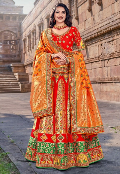 Banarasi silk circular lehenga choli in Red colour 1701