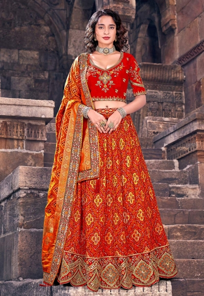 Banarasi silk circular lehenga choli in Red colour 1702