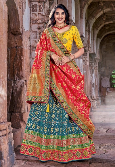 Banarasi silk circular lehenga choli in Teal colour 1704