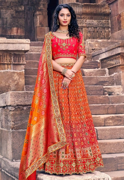 Banarasi silk circular lehenga choli in Orange colour 1710