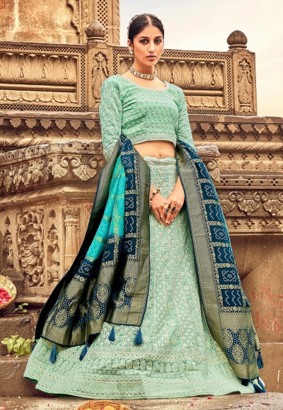 Georgette a line lehenga choli in Pista green colour 8002