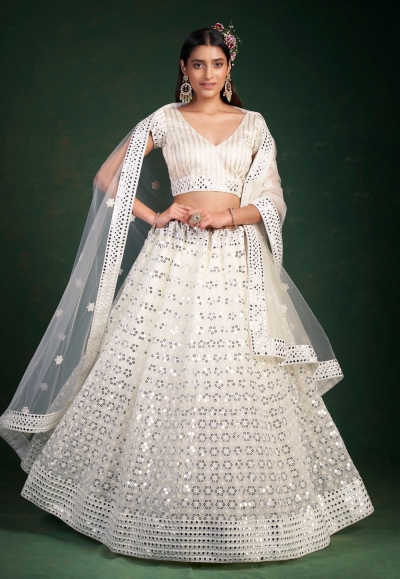 Georgette a line lehenga choli in Off white colour 30005