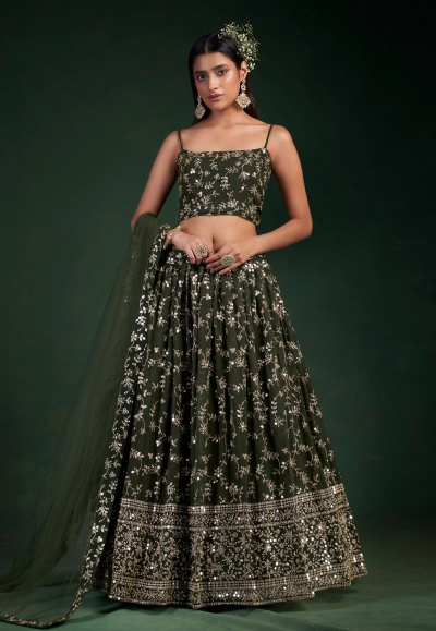 Green georgette a line lehenga choli in Camo colour 30008