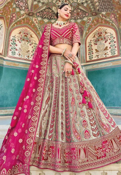 Banarasi silk circular lehenga choli in Beige colour 120