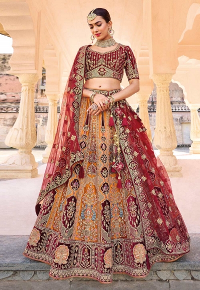 Banarasi silk circular lehenga choli in Orange colour 125