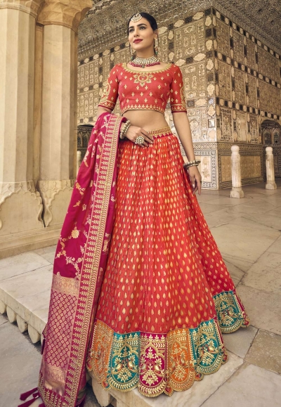 Banarasi silk circular lehenga choli in Rust colour 5402