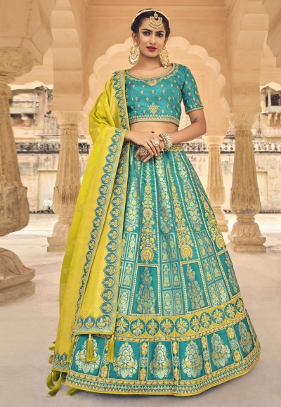 Banarasi silk circular lehenga choli in Turquoise colour 5403