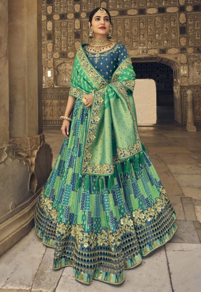 Banarasi silk circular lehenga choli in Light green colour 5408