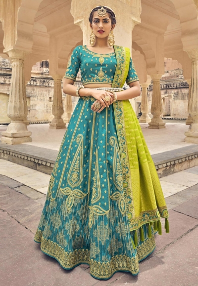 Banarasi silk circular lehenga choli in Turquoise colour 5409