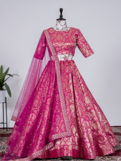 Bollywood Model Pink jacquard silk wedding lehenga choli