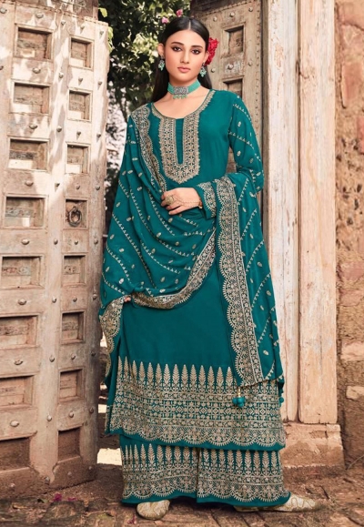 Teal faux georgette embroidered palazzo suit 201A