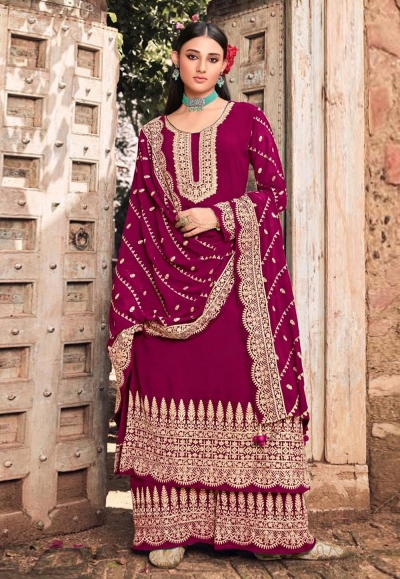 Magenta faux georgette embroidered palazzo suit 201C