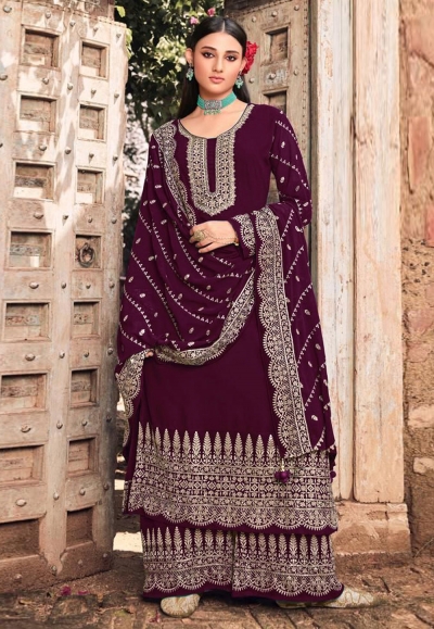 Wine faux georgette embroidered palazzo suit 201E