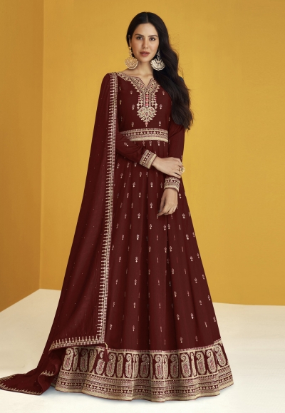 Maroon faux georgette long anarkali suit 9230B