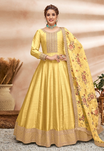 Yellow art silk long anarkali suit 4802