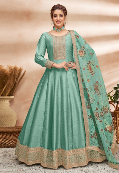 Sea green art silk abaya style anarkali suit 4803